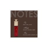 Red parfumfles met gouden dop en geurnoten voor Burj parfumproduct